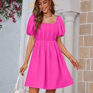 Womens Square Neck Chest Pleated A-Line Casual Back Smocked Puff Sleeve Dress